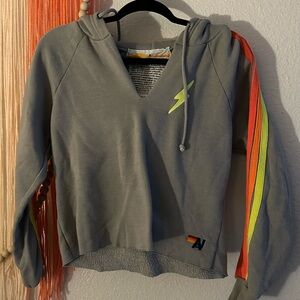 Aviator Nation Bolt Crop Hoodie in Light Grey/Neon size small.